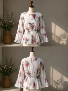 Floral Peplum Blouse with Bell Sleeves