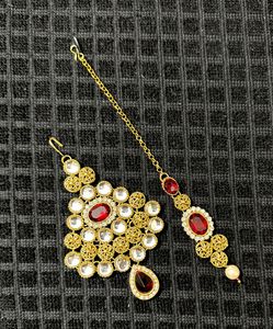 Traditional Kundan Maang Tikka and Passa (Red)