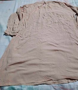 Beige Textured Kurta with Crochet Neckline