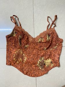 Vintage Floral Print Lace Trim Bra