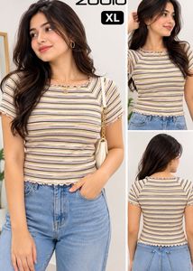 Zudio Multicolour Striped Ribbed Top with Ruffle E