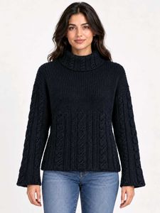 Navy Blue Cable Knit Turtleneck Sweater