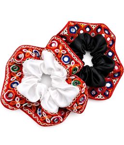 Boho Embroidered Mirror Work Scrunchies Set