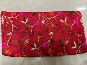 Red Silk Floral Hand-Embroidered Festive Clutch!