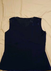 Navy Blue Embellished V-Neck Sleeveless Top