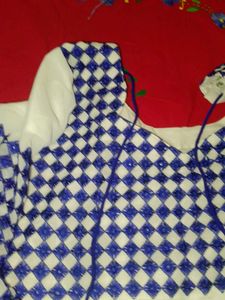 Elegant White Anarkali with Blue Checkered Bodice