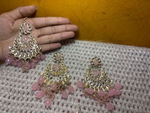Elegant Pink Stone Earrings and mangtika