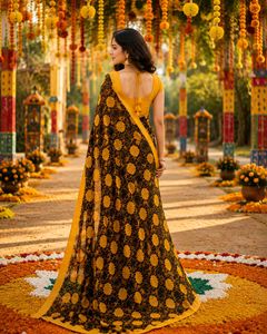 Elegant Black &amp; Yellow Floral Saree