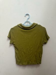 Green Ribbed Collared V-Neck Top | Size M