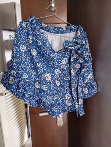 Boho Blue Floral Ruffle Top