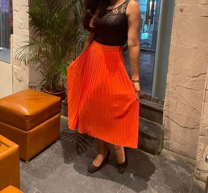 Chic Black Lace &amp; Orange Pleated Dress