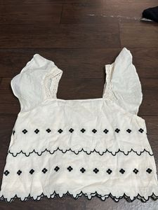 Cream Embroidered Square Neck Top