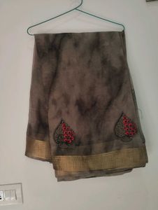 Elegant Smoke Grey✨  Hand Embroidered Saree