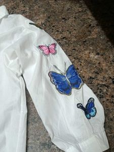 Butterfly Embellished White Button-Up Shirt