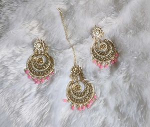 Elegant Gold & Pink Jhumka And mangtikka