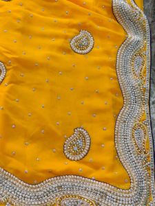 Elegant Yellow 🤩Embroidered pearl Saree💥