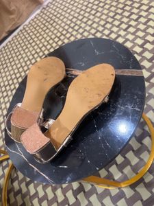 Elegant Gold Block Heels with Pearl Embellishments