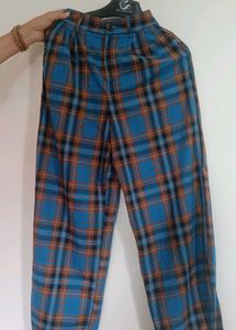 Blue Plaid Wide Leg Pants