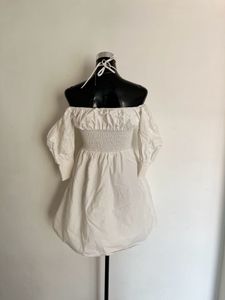 vintage Chic White Off-Shoulder Puff Sleeve Dress