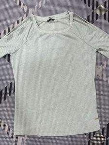 Light Blue Ribbed Cold Shoulder Top