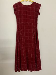 Maroon Checked Cotton A-Line Ethnic Dress