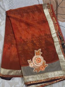 Orange Multicolour Chiffon Saree With blouse Piece
