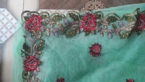 Beautiful mint green net  embroidered saree