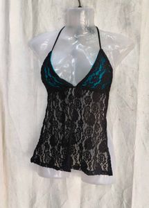 1110. Black Lace Camisole with Teal Accents