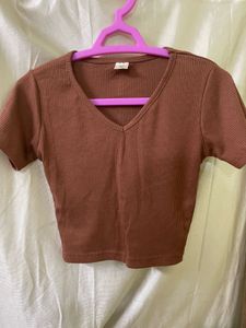 Brown Ribbed V-Neck Crop Top