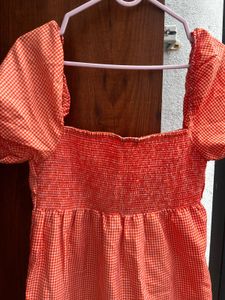 Orange Gingham Puff Sleeve Dress