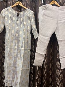 Elegant Grey Kurta Set with Golden Print