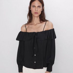 Zara Black Off-Shoulder Top – Ruffles, Bow Tie &amp; B