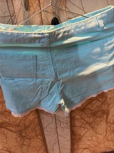 Cute Mint Green Lace Trim Denim Shorts