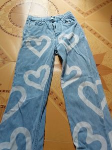 Blue Heart Print Wide Leg Jeans (High Waist)
