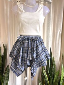 Imported Plaid Asymmetry Skort with Bow Detail