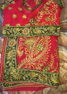 Embellished Red Saree with Green Border