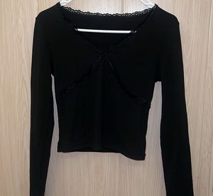 Black Lace Trim Long Sleeve Top