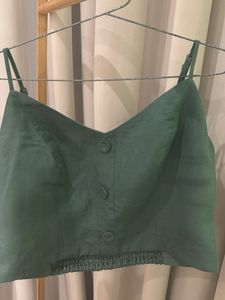 Green Button-Up Linen Crop Top