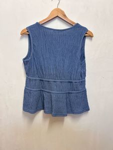 Blue Crinkle Tie-Front Peplum Top