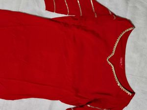 Red Kurta with Golden Stripes and Kuchi Pa