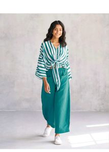 Green &amp; White Striped Tie-Front Top