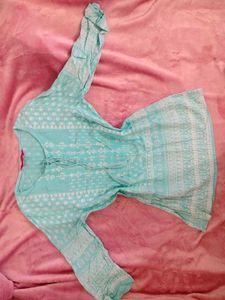 Blue Printed Tassel Neck Kurta