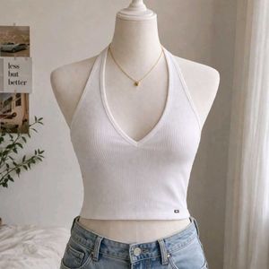 TOMMY HILFIGER White Ribbed Halter Neck Crop Top