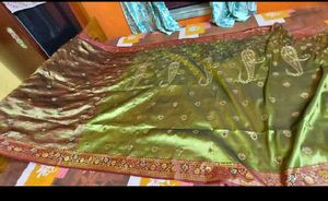 Elegant Olive Green Saree with Gold Embroidery