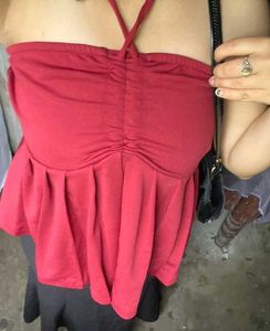 Chic Red Strapless Peplum Top
