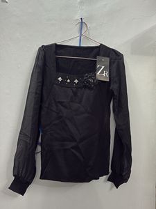 Chic Black Embellished Square Neck Top