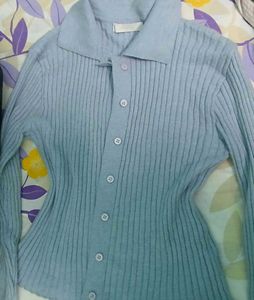 Light Blue Ribbed Knit Button-Up