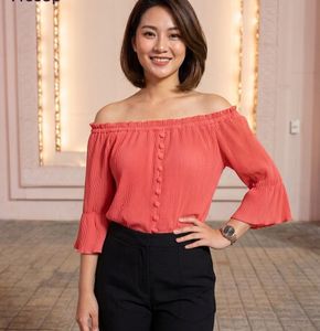 Red Off-Shoulder Pleated Button-Up Top