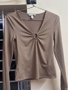 Brown Long Sleeve V-Neck Top
