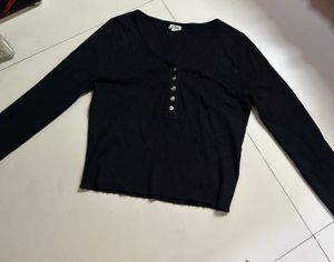 Black Ribbed Henley Long Sleeve Top